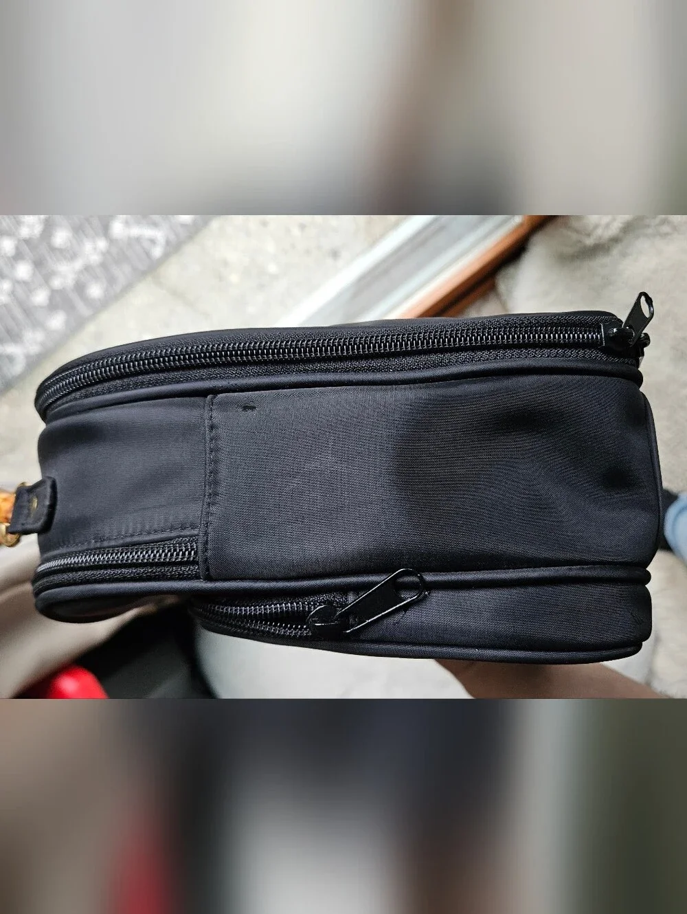 Vintage Avon Black Nylon Organizer Travel Bag with Natural Bamboo Handle